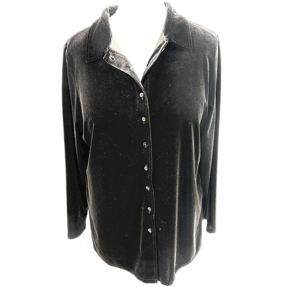 Avenue Black Velvet Long Sleeve Button Down Shirt Top Size 14/16
